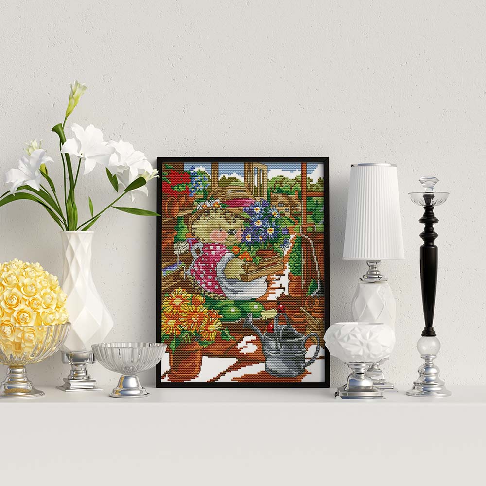 Kreuzstich - Igel am gärtnern mit Blumen | 20x30 cm - Diy - Fadenkunst
