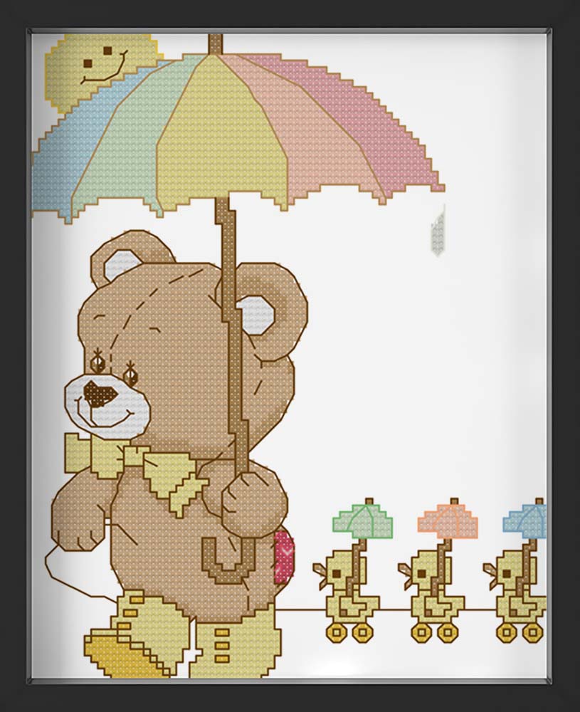Kreuzstich - Teddy und Enten mit Schirm | 20x20 cm - Diy - Fadenkunst