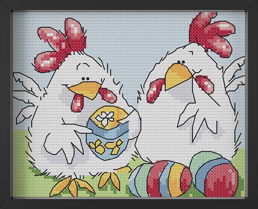 Kreuzstich - Hühner mit Ostereiern | 20x15 cm - Diy - Fadenkunst