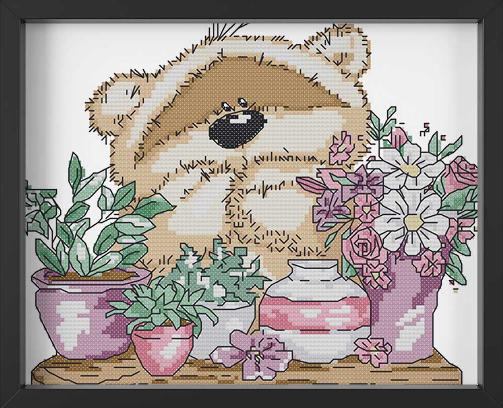 Kreuzstich - Teddy denkt nach mit Blumen | 30x20 cm - Diy - Fadenkunst