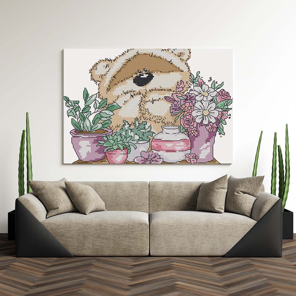 Kreuzstich - Teddy denkt nach mit Blumen | 30x20 cm - Diy - Fadenkunst