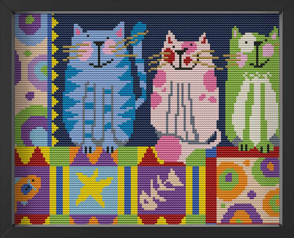 Kreuzstich - Bunte abstrakte Katzen | 30x20 cm - Diy - Fadenkunst