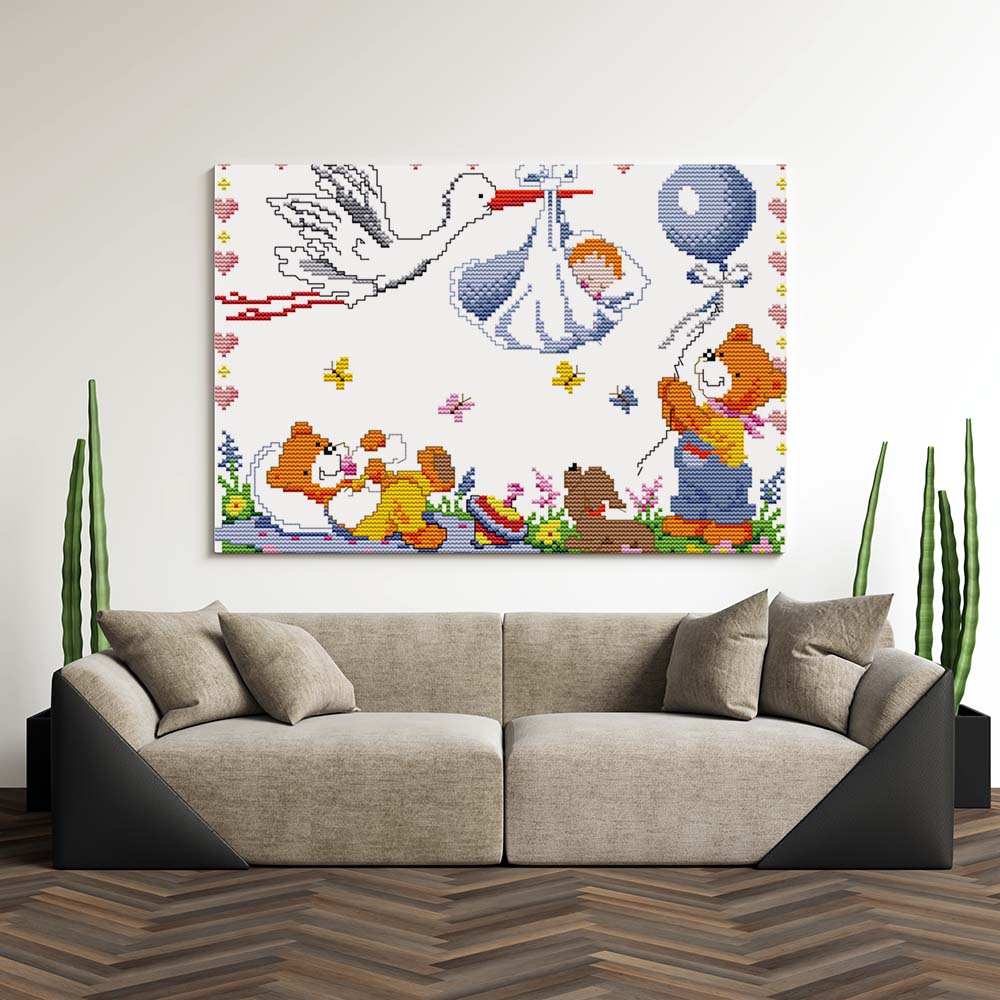 Kreuzstich - Storch mit Baby und Teddys | 30x20 cm - Diy - Fadenkunst