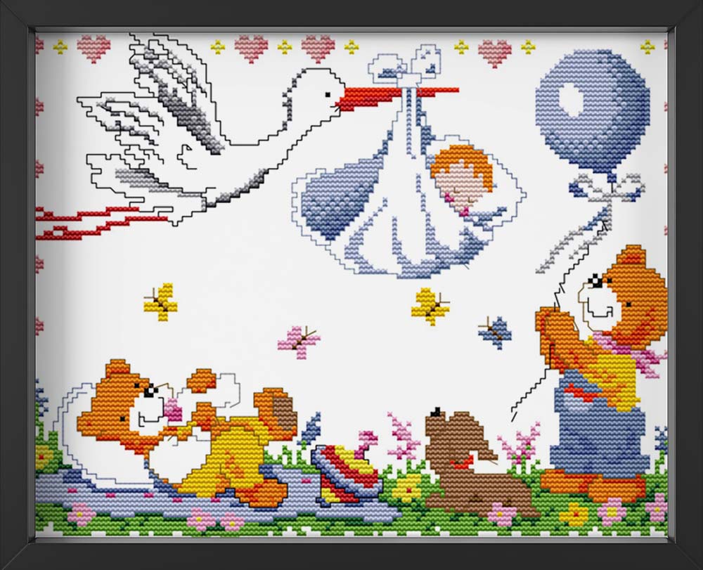 Kreuzstich - Storch mit Baby und Teddys | 30x20 cm - Diy - Fadenkunst