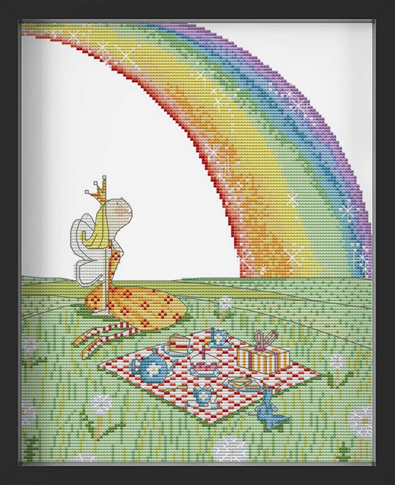Kreuzstich - Regenbogen mit Mädchen | 30x30 cm - Diy - Fadenkunst