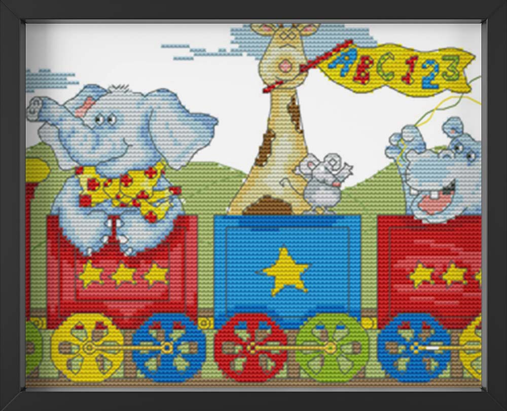 Kreuzstich - wilde Tiere in Eisenbahn | 50x20 cm - Diy - Fadenkunst