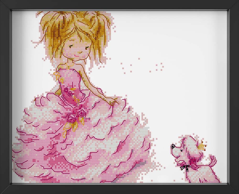Kreuzstich -  Mädchen im Kleid mit Hund | 30x30 cm - Diy - Fadenkunst