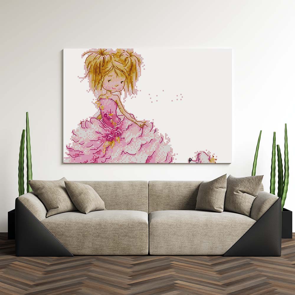 Kreuzstich -  Mädchen im Kleid mit Hund | 30x30 cm - Diy - Fadenkunst
