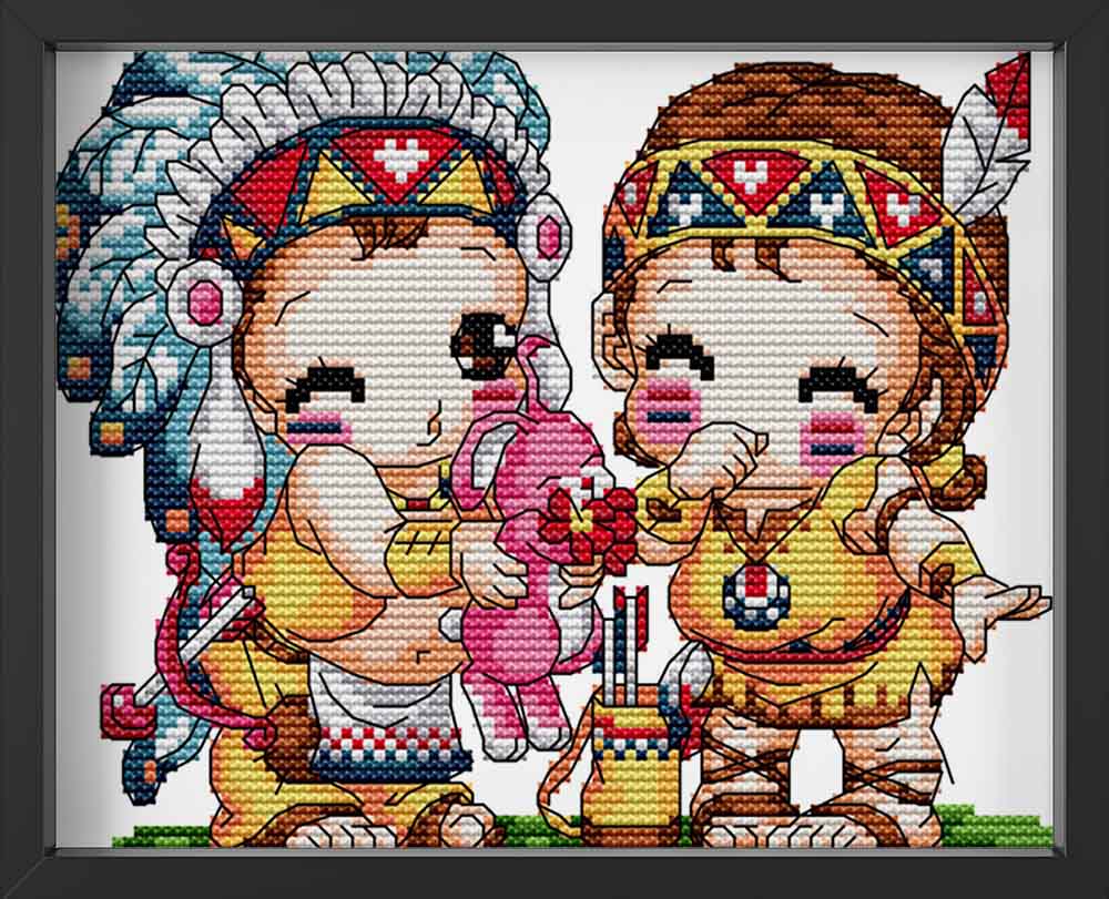 Kreuzstich -  zwei Kinder verkleidet als Indianer | 20x20 cm - Diy - Fadenkunst