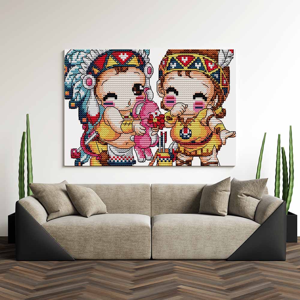Kreuzstich -  zwei Kinder verkleidet als Indianer | 20x20 cm - Diy - Fadenkunst