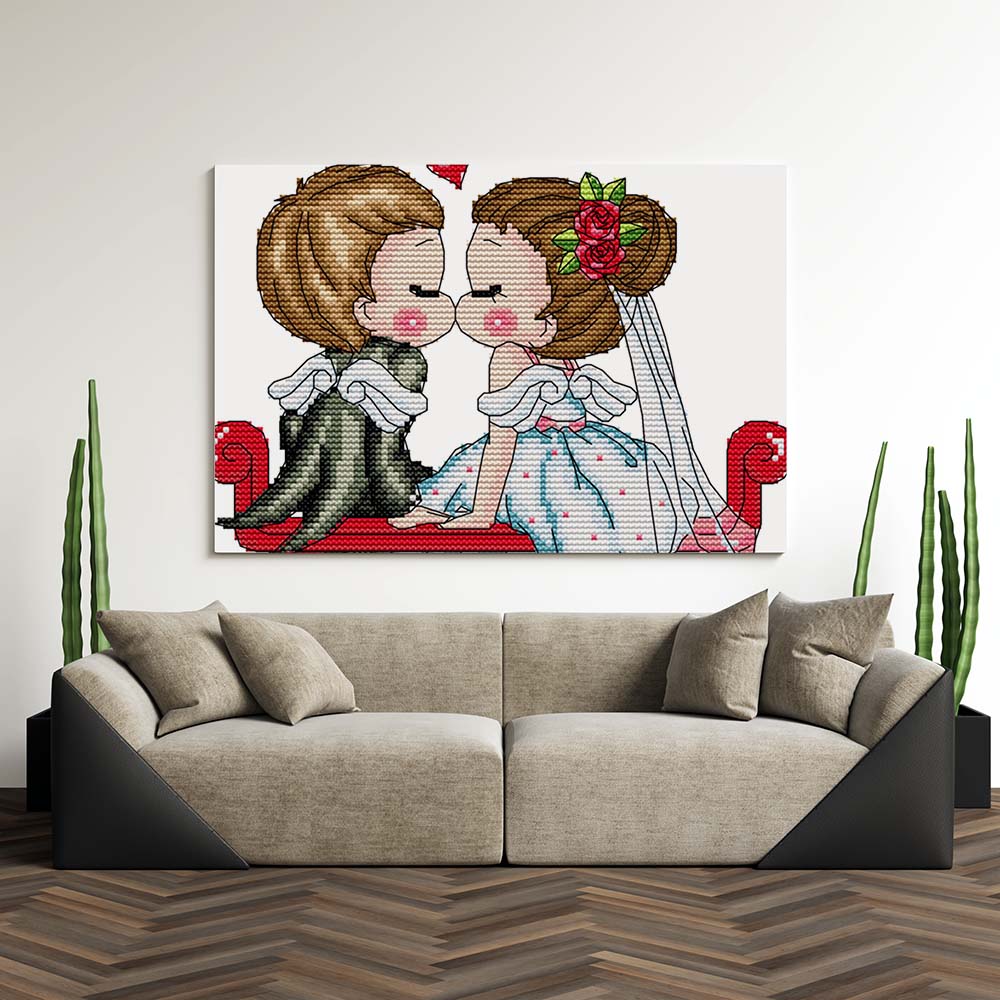 Kreuzstich - verliebtes Hochzeitspaar | 25x25 cm - Diy - Fadenkunst