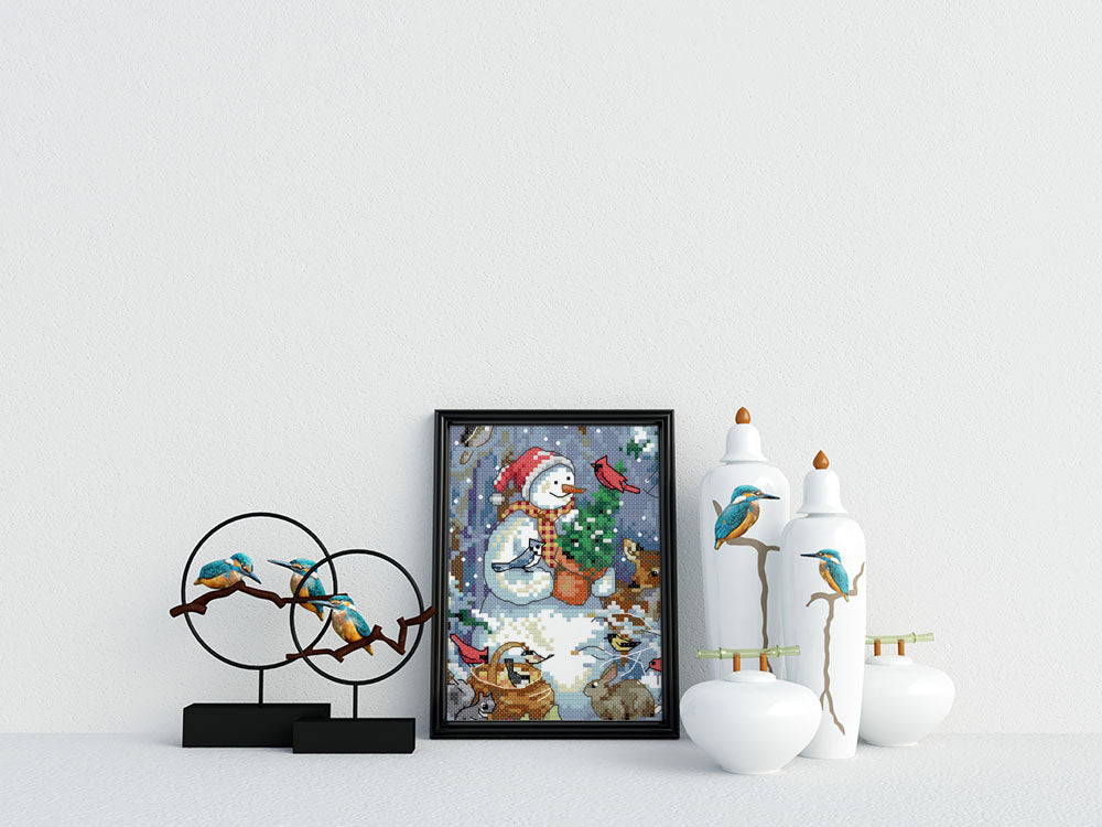 Kreuzstich - Schneemann mit den Vögeln | 20x22 cm - Diy - Fadenkunst