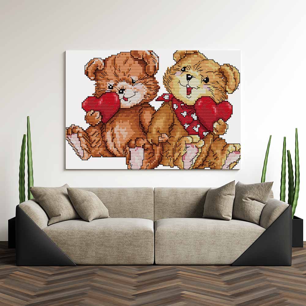 Kreuzstich - Teddys mit Herz | 30x20 - Diy - Fadenkunst