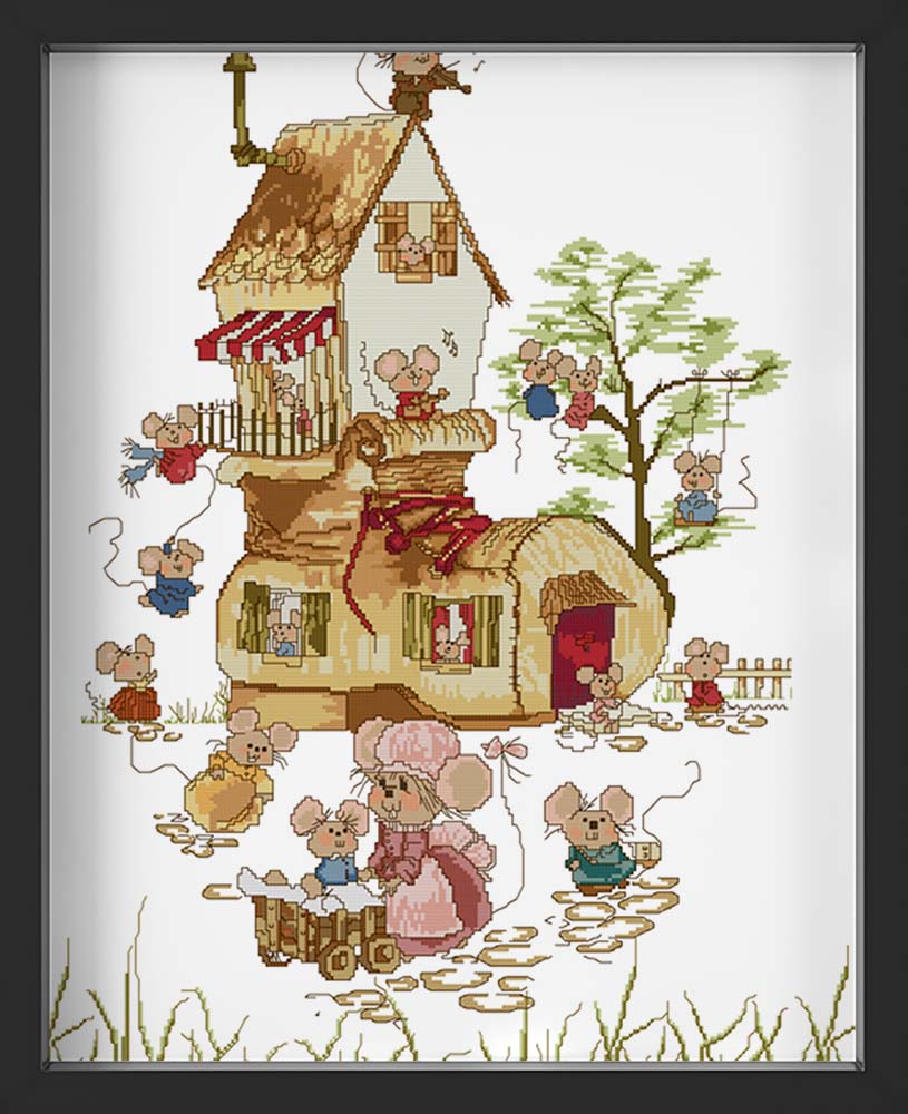 Kreuzstich - Mäuse mit Haus | 50x60 cm - Diy - Fadenkunst