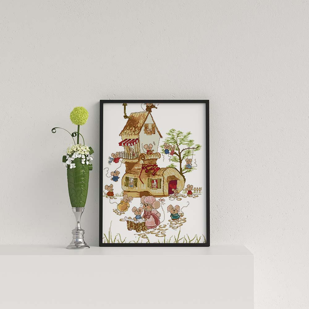 Kreuzstich - Mäuse mit Haus | 50x60 cm - Diy - Fadenkunst