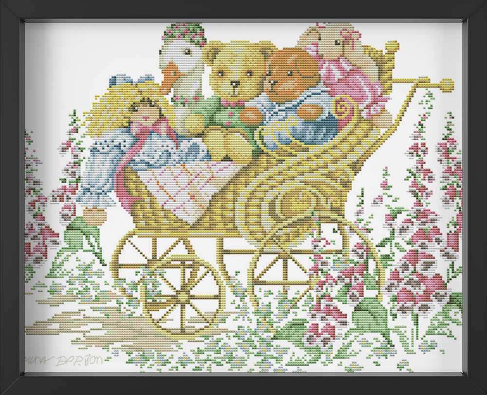 Kreuzstich -  kleine Tiere im Kinderwagen | 40x30 cm - Diy - Fadenkunst