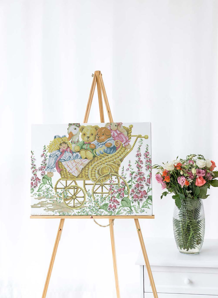 Kreuzstich -  kleine Tiere im Kinderwagen | 40x30 cm - Diy - Fadenkunst