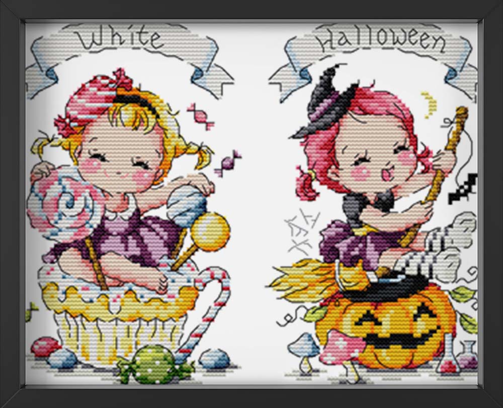 Kreuzstich - Kinder freuen sich auf Halloween | 50x20 cm - Diy - Fadenkunst