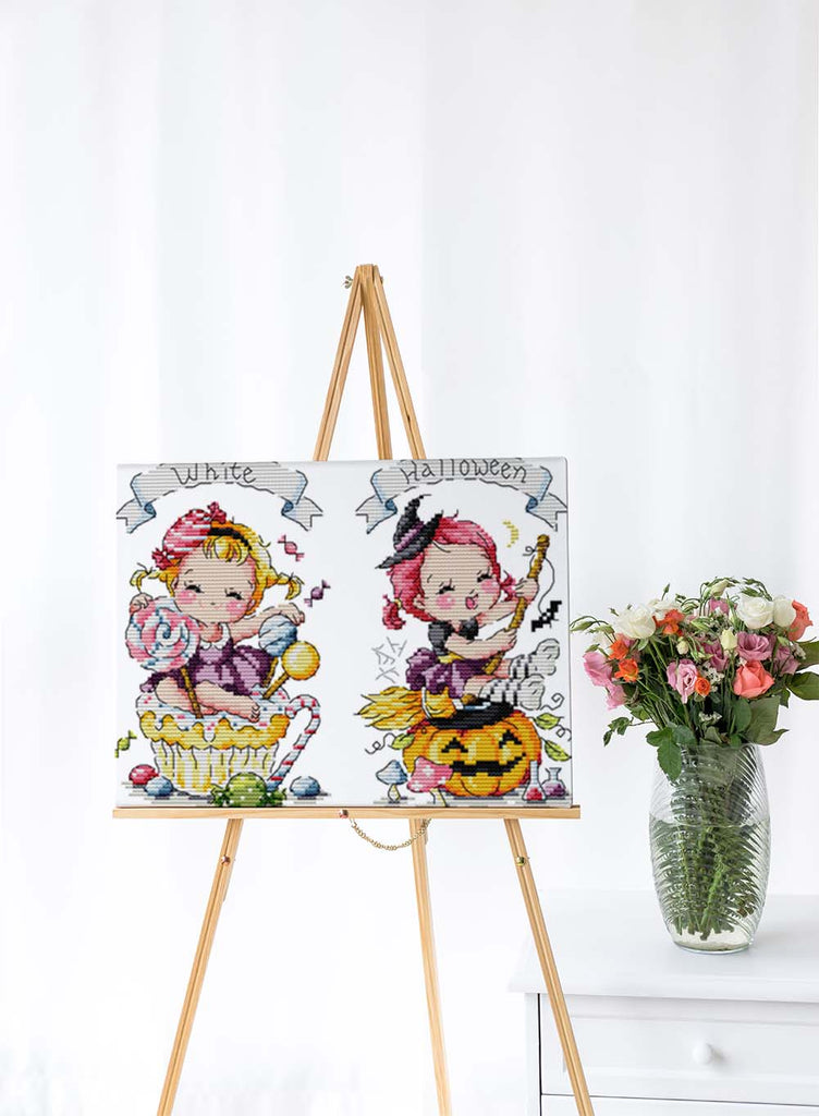 Kreuzstich - Kinder freuen sich auf Halloween | 50x20 cm - Diy - Fadenkunst