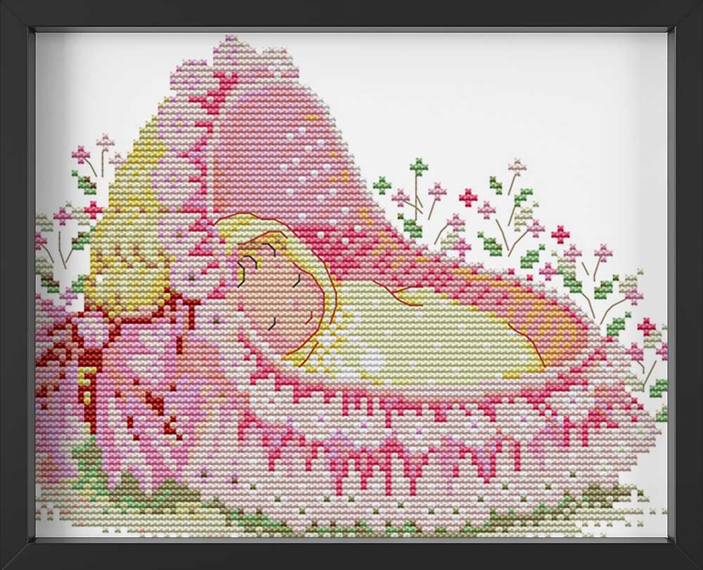 Kreuzstich - Baby Mädchen am schlafen | 30x20 cm - Diy - Fadenkunst