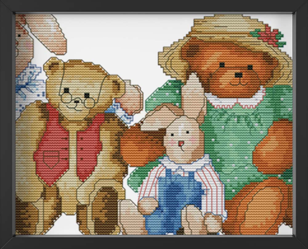 Kreuzstich - Teddys mit Hase | 50x20 cm - Diy - Fadenkunst
