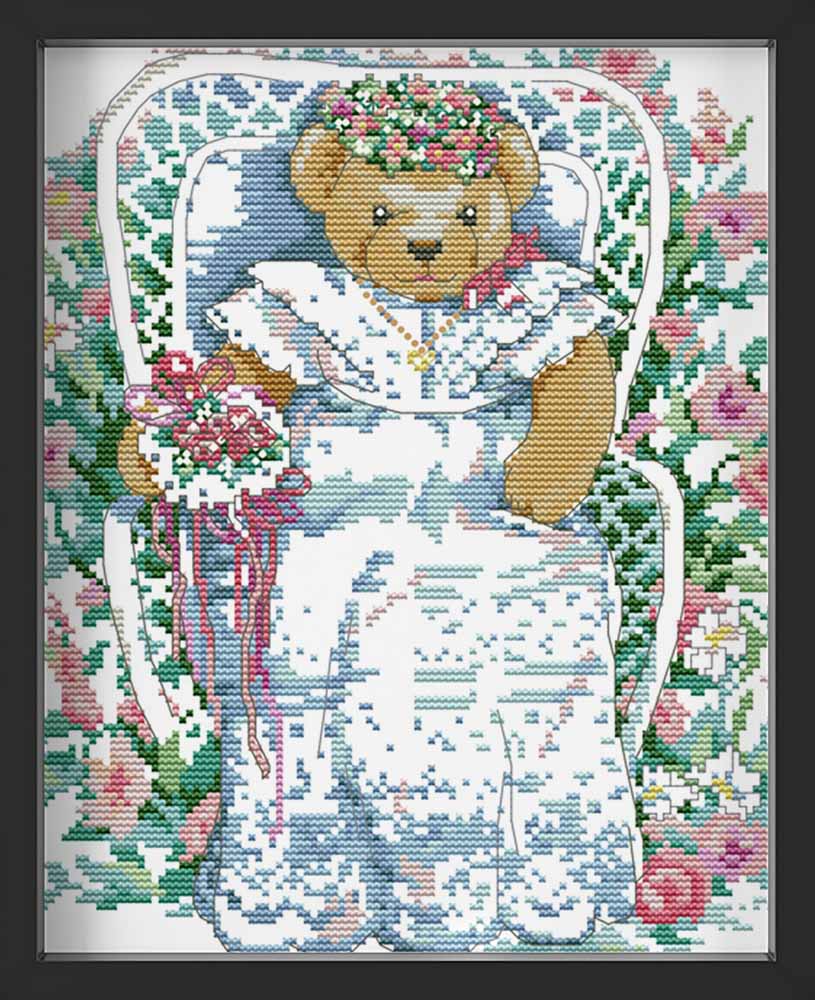 Kreuzstich - Teddys im Brautkleid | 30x30 cm - Diy - Fadenkunst