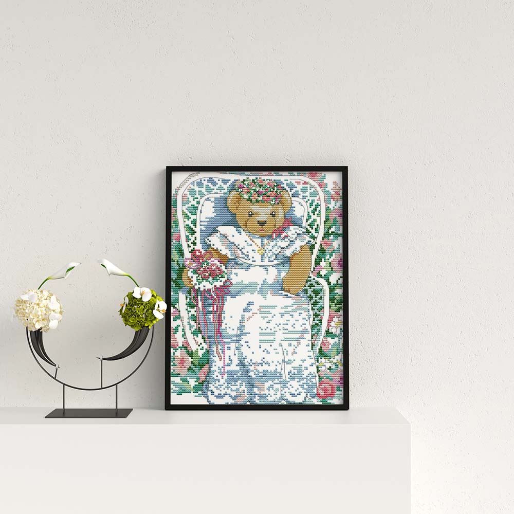 Kreuzstich - Teddys im Brautkleid | 30x30 cm - Diy - Fadenkunst