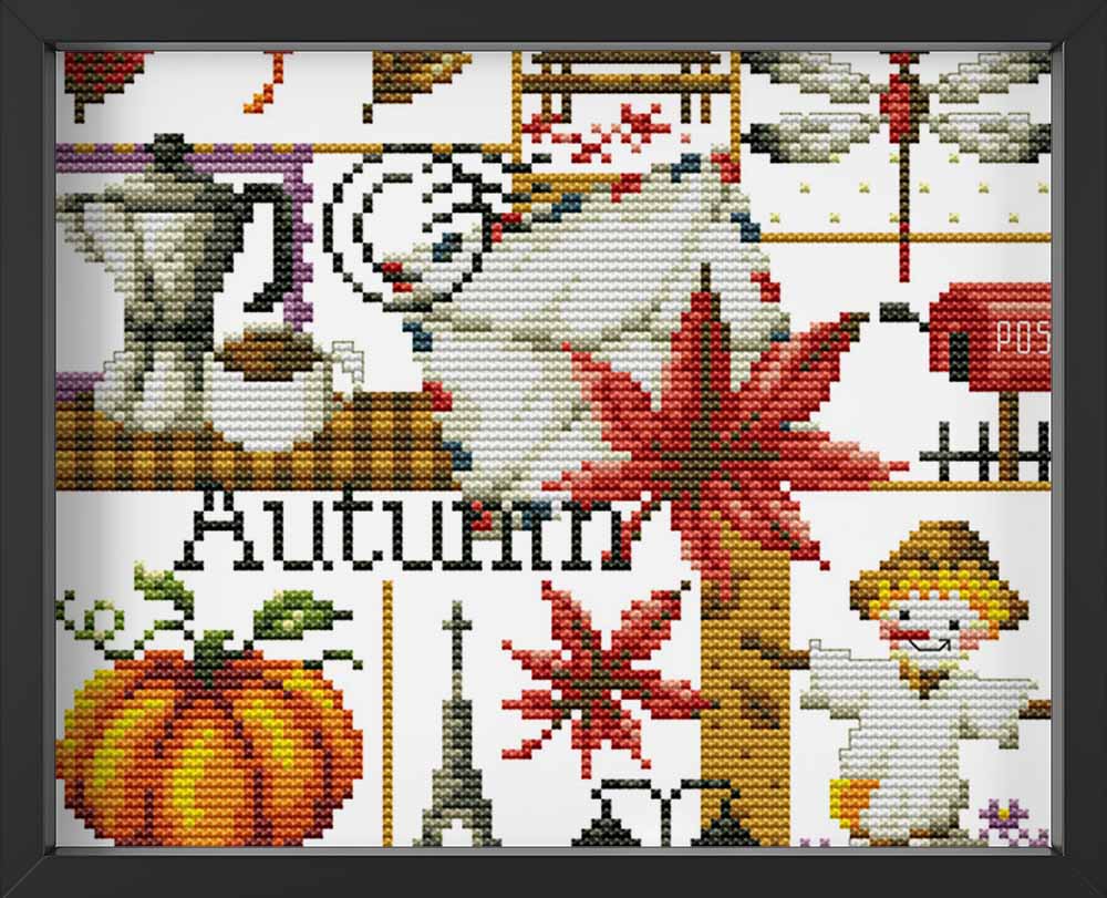Kreuzstich - Herbst mit Blättern | 20x20 cm - Diy - Fadenkunst