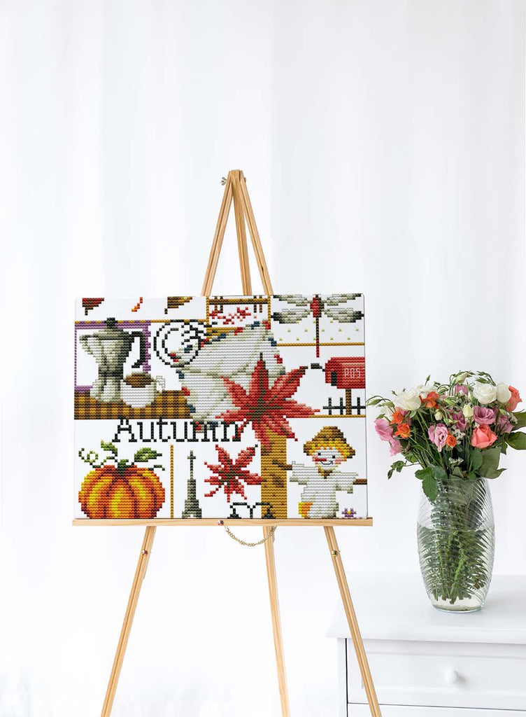 Kreuzstich - Herbst mit Blättern | 20x20 cm - Diy - Fadenkunst