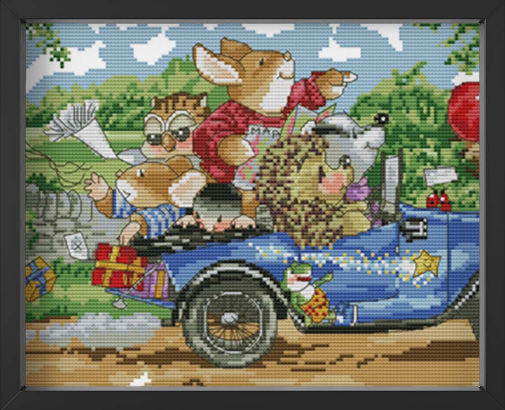 Kreuzstich - Tier Familie im Auto | 60x30 - Diy - Fadenkunst