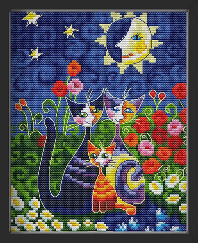 Kreuzstich - Katzenkunst bei Nacht | 20x25 - Diy - Fadenkunst