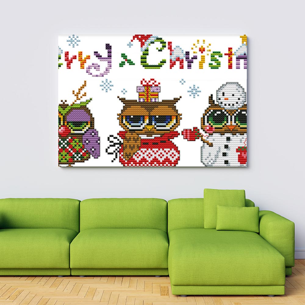 Kreuzstich - Eulen feiern Weihnachten | 50x20 cm - Diy - Fadenkunst