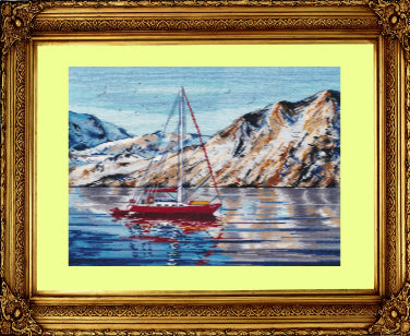 Kreuzstich - Norwegische Küste mit Segelboot | 35x26 cm