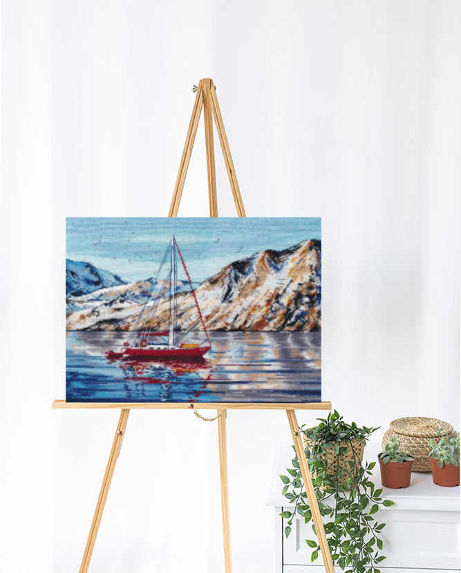 Kreuzstich - Norwegische Küste mit Segelboot | 35x26 cm