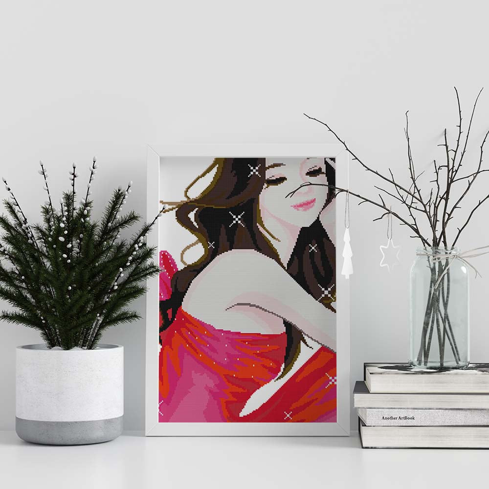 Kreuzstich -  Abstrakte Frau im rosa Kleid | 30x40 cm - Diy - Fadenkunst