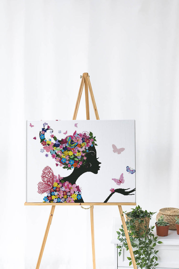 Kreuzstich -  Blumen auf Haare | 55x75 cm - Diy - Fadenkunst