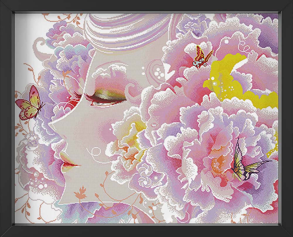 Kreuzstich -  Abstrakte Frau mit Blumen und Schmetterlingen | 80x80 cm - Diy - Fadenkunst