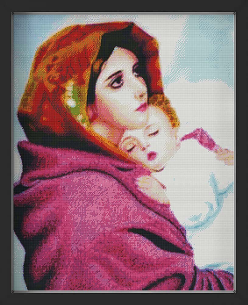 Kreuzstich - Mama mit Kind im Arm | 50x70 cm - Diy - Fadenkunst