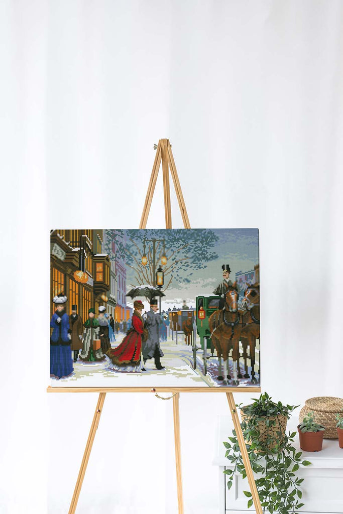Kreuzstich - Stadt im Winter mit Pferdekutsche | 55x35 - Diy - Fadenkunst