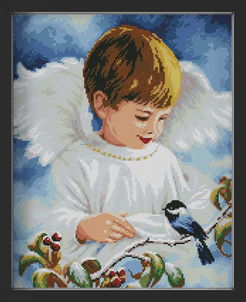 Kreuzstich - Engel mit kleinem Vogel | 35x50 - Diy - Fadenkunst
