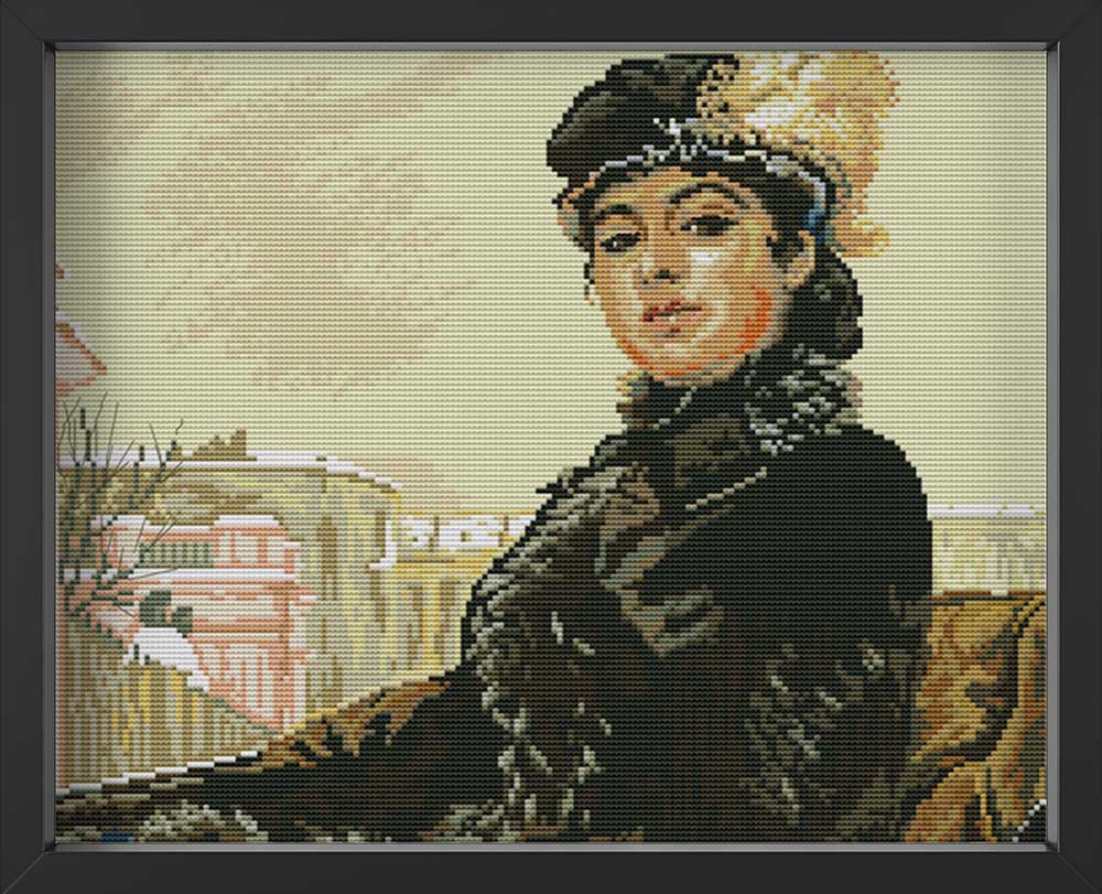 Kreuzstich -  Frau im schwarzen Mantel | 40x30 cm - Diy - Fadenkunst
