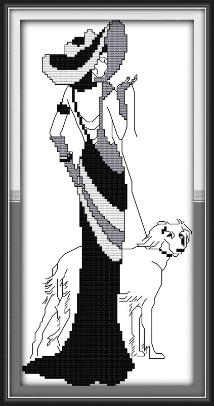 Kreuzstich | Frau mit Hund - schwarz/weiß  7x15cm