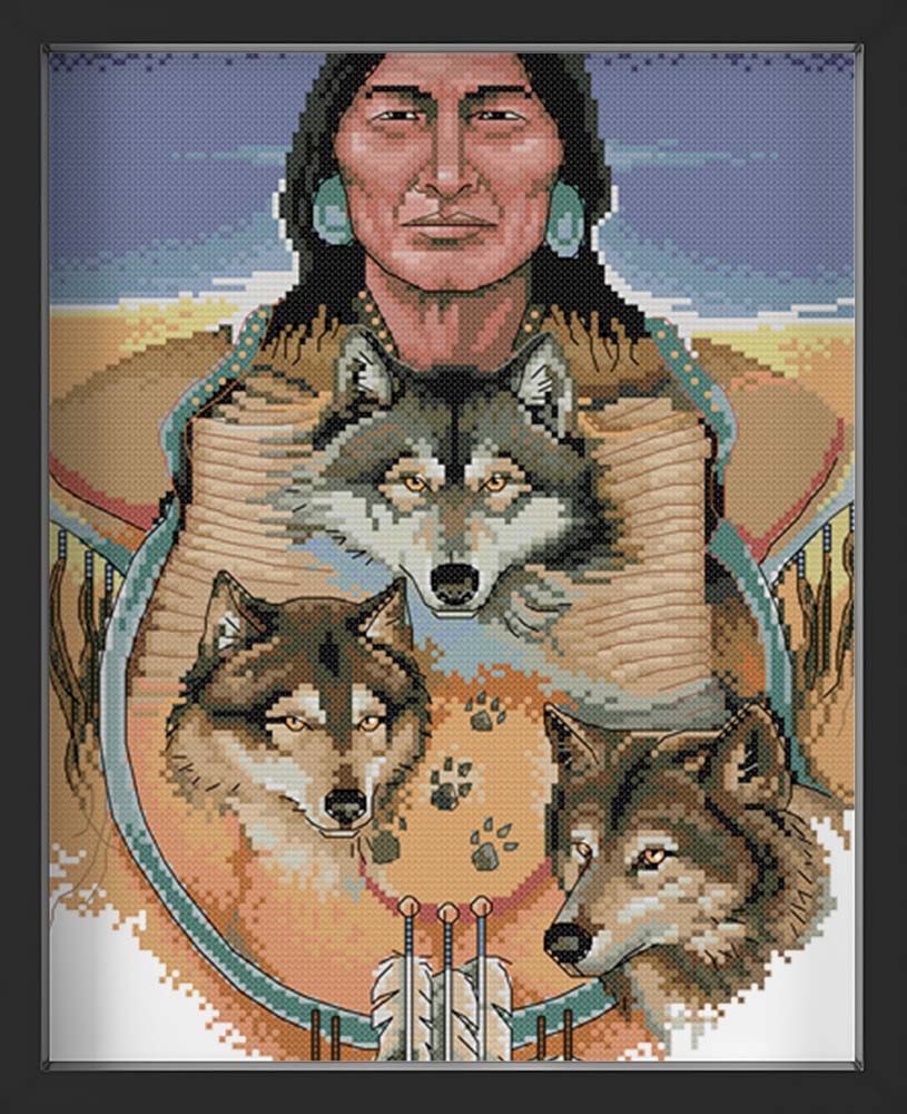Kreuzstich -  Indianer mit Wölfen | 30x40 cm - Diy - Fadenkunst