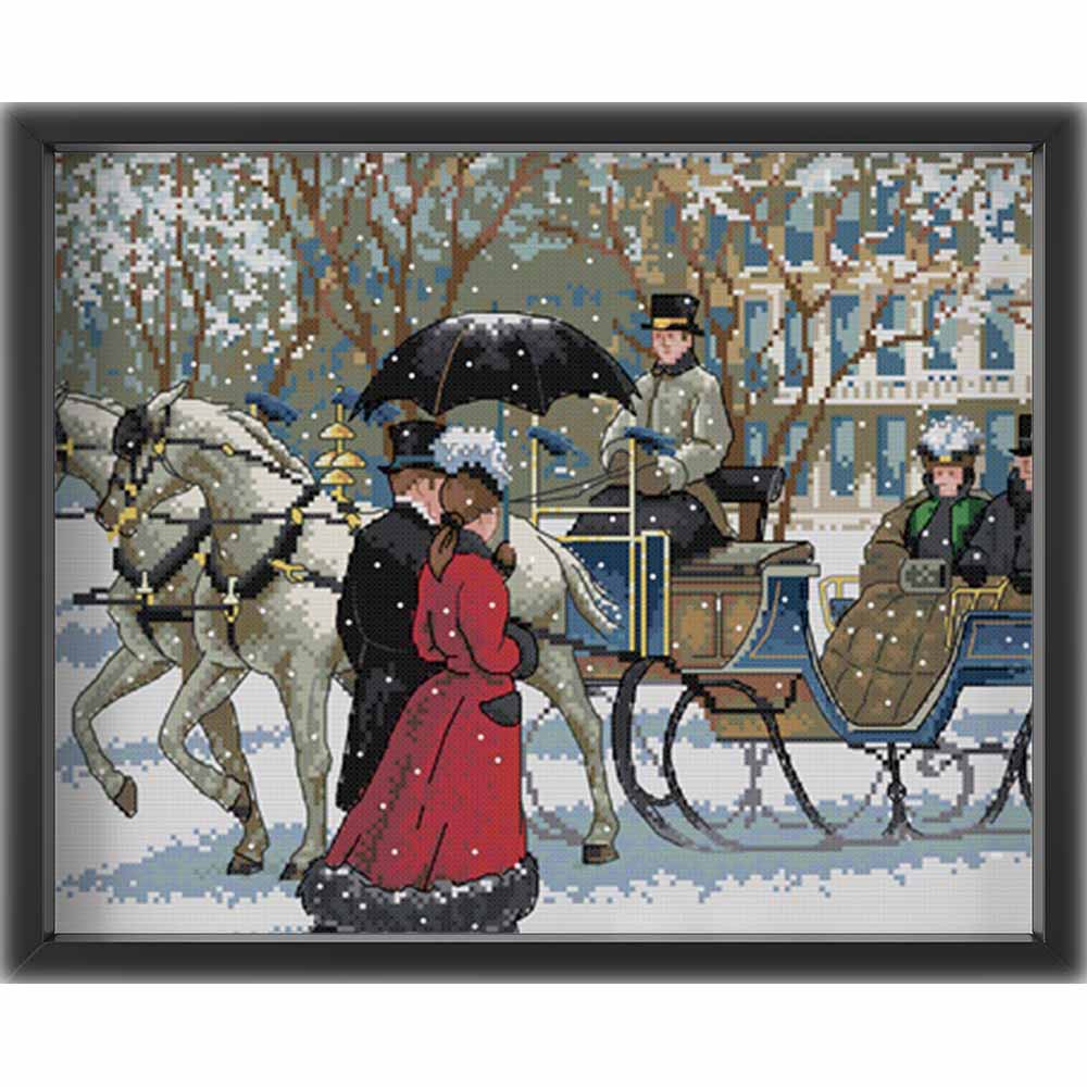 Kreuzstich - Kutsche im Schnee | 55x45 cm - Diy - Fadenkunst