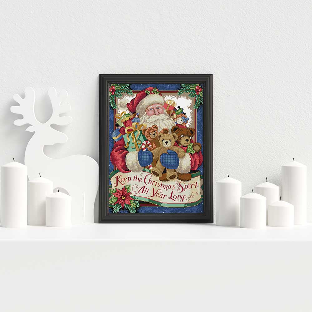 Kreuzstich - Weihnachtsmann mit Teddys | 45x55 cm - Diy - Fadenkunst