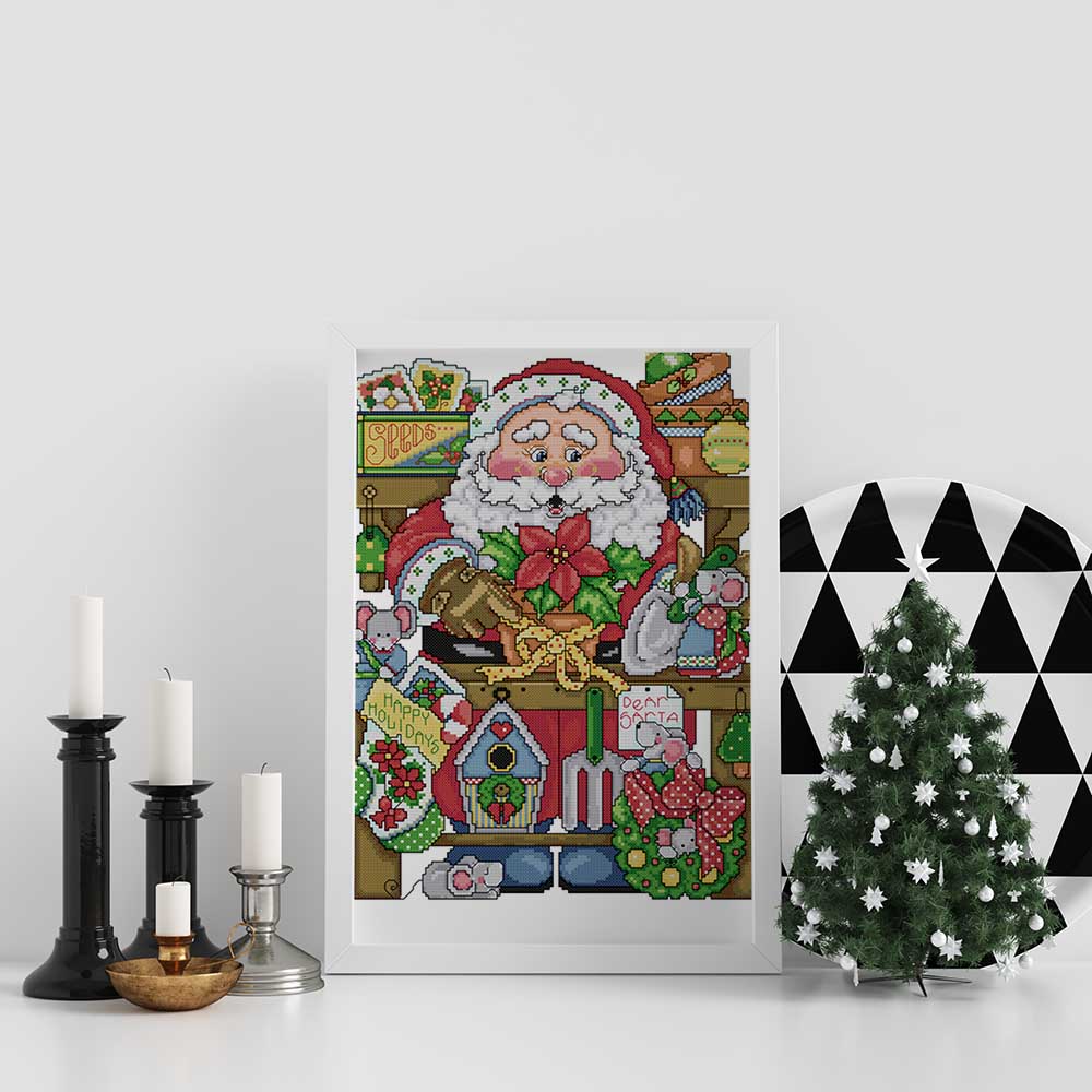Kreuzstich - Weihnachtsmann mit vielen Geschenken | 30x35 cm - Diy - Fadenkunst