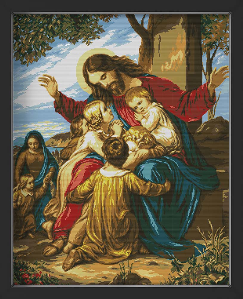 Kreuzstich - Jesus mit Kindern | 60x70 cm - Diy - Fadenkunst