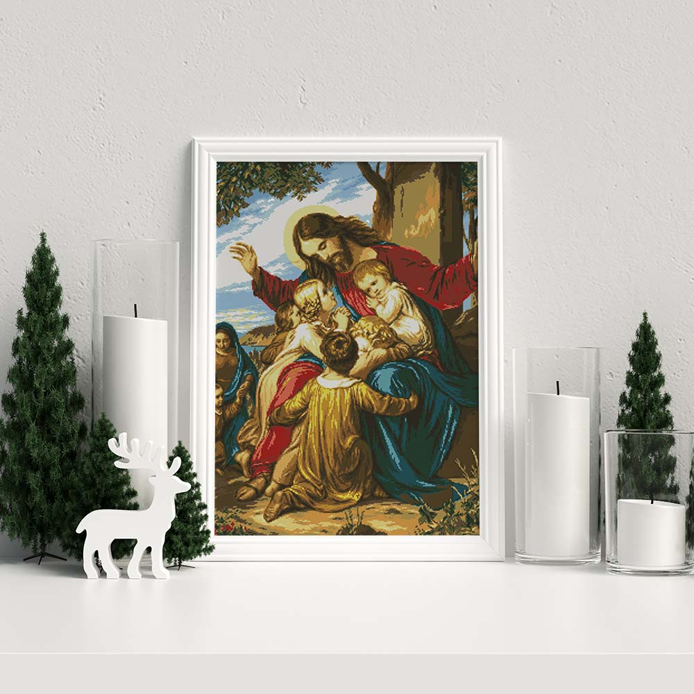 Kreuzstich - Jesus mit Kindern | 60x70 cm - Diy - Fadenkunst