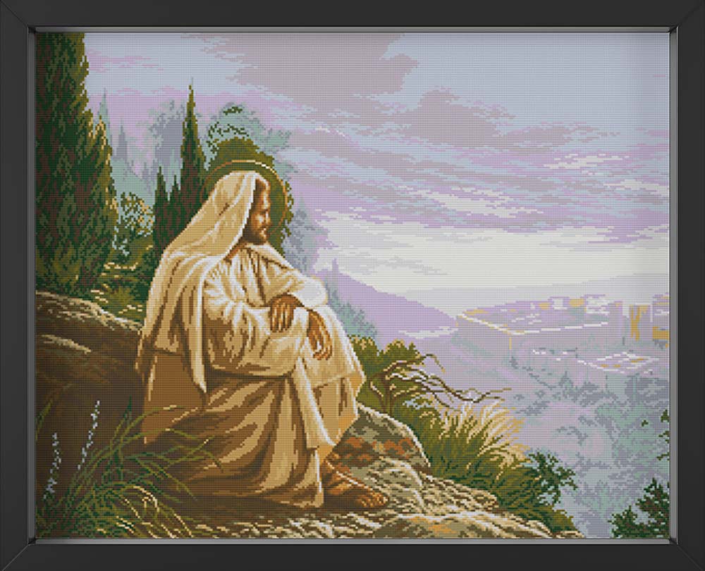 Kreuzstich -  Jesus sitzt in der Natur | 70x50 cm - Diy - Fadenkunst