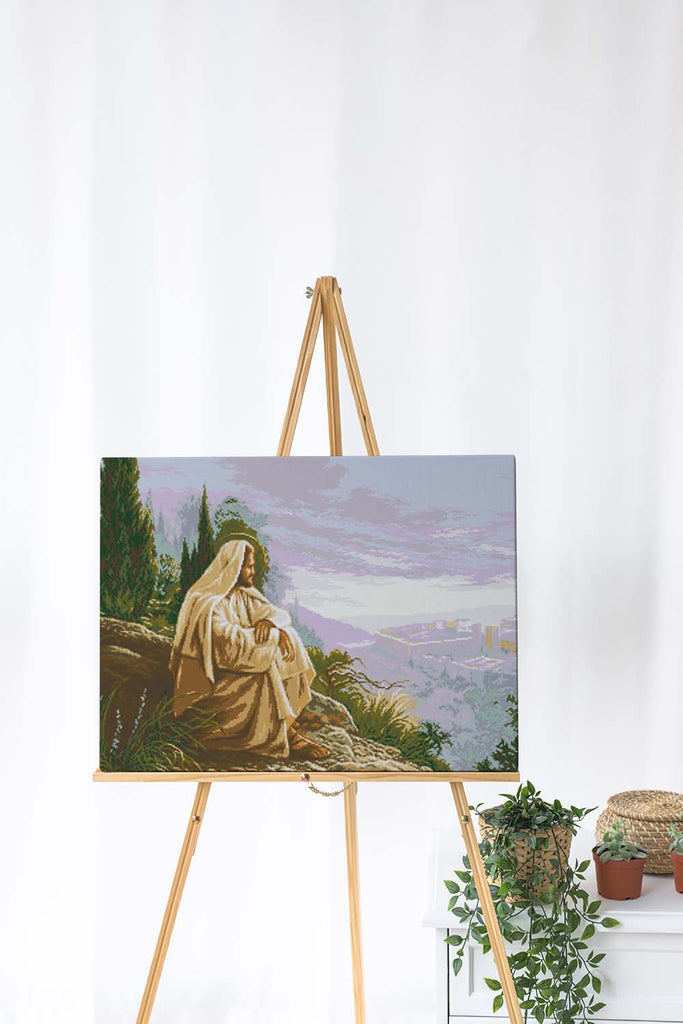 Kreuzstich -  Jesus sitzt in der Natur | 70x50 cm - Diy - Fadenkunst